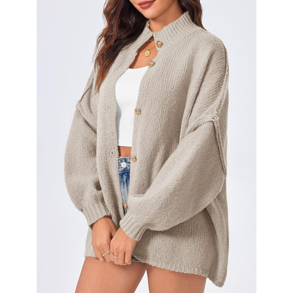 Women's Khaki Oversized Cardigans Button Down Chunky Fall Sweater Coats - Picture 4 of 5